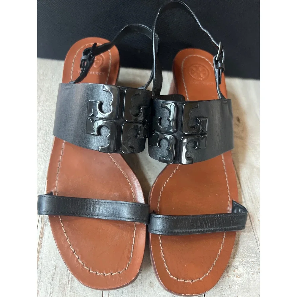 Tory Burch Lowell Black Leather Logo Buckle Block Heel Sandals Womens 8.5M Prepp